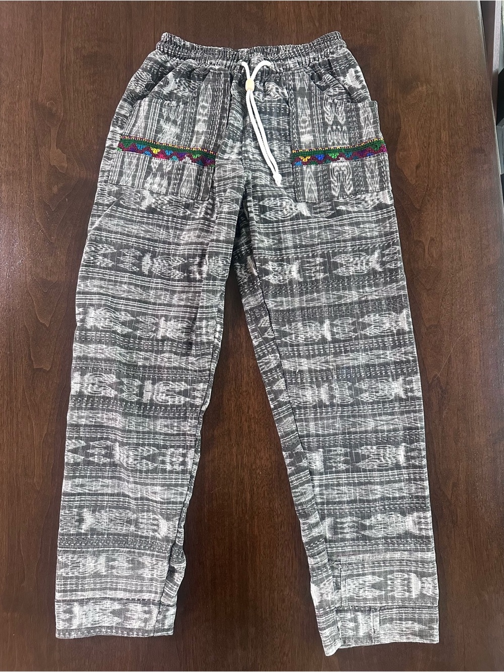 Guatemalan Grey Handwoven Drawstring Pants with Multicolor Embroidered Trim S